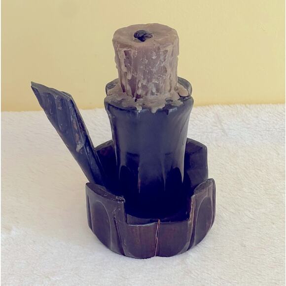Vintage Hand Carved Wooden Candle Holder Handle Candlestick - Picture 6 of 11
